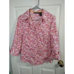 Attention Woman 14 Shirt V Neck Pink Floral Fold Cuff 3/4 Sleeve Collared Button
